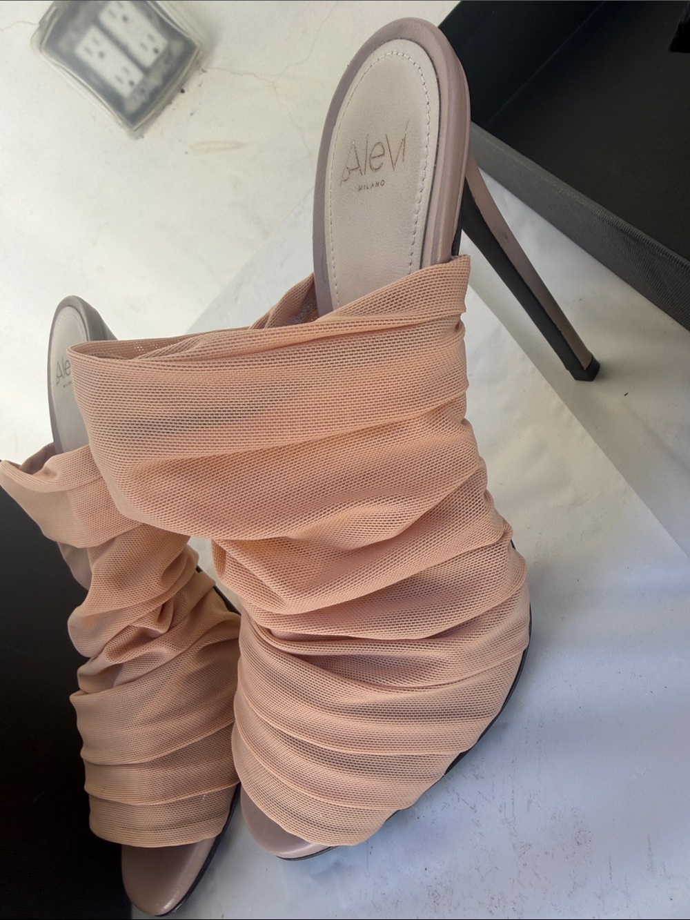 Peach Ruched Mesh Slide Mules - Picture 2 of 4